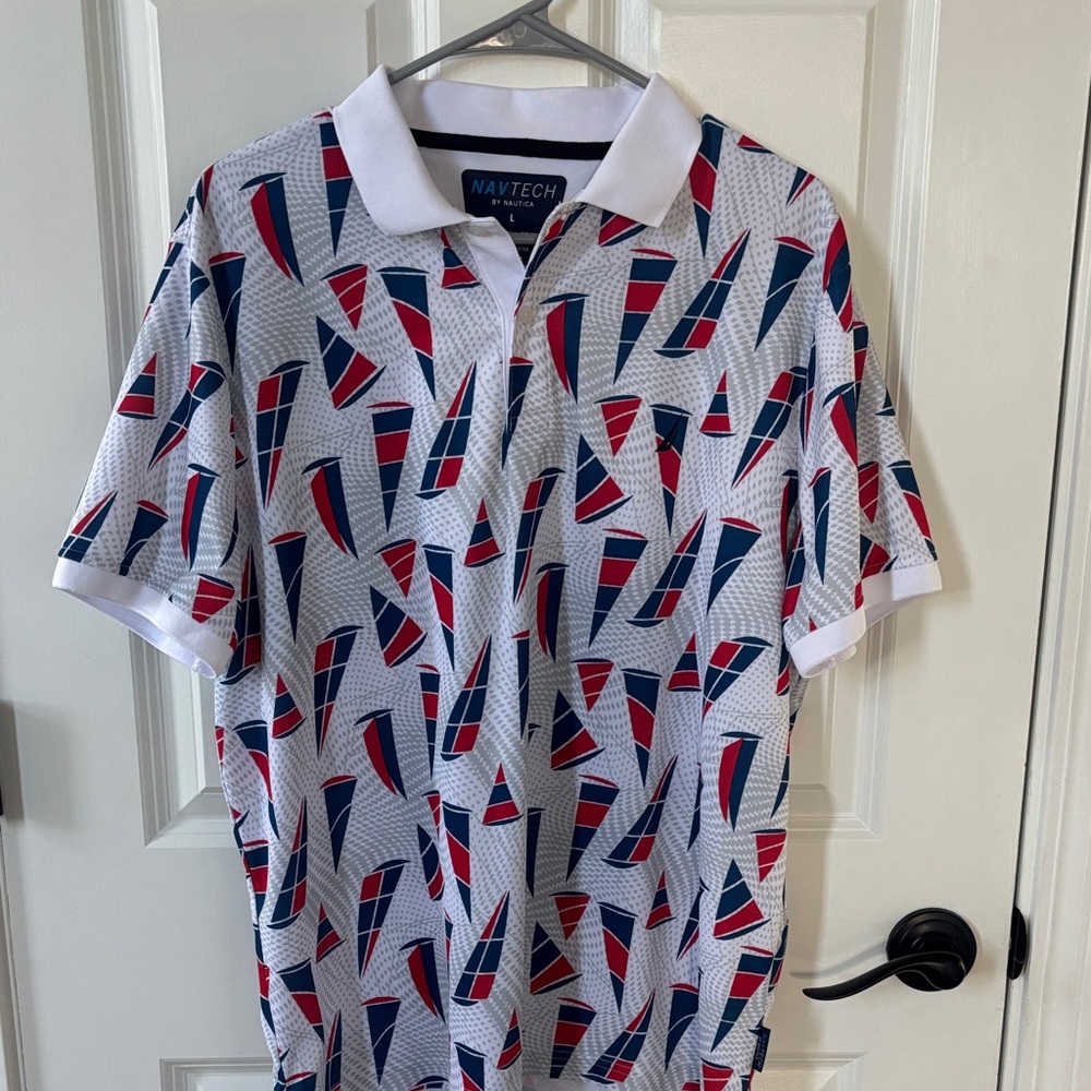 Nautica Men's Polo Shirt with Red and Blue Geometric Design